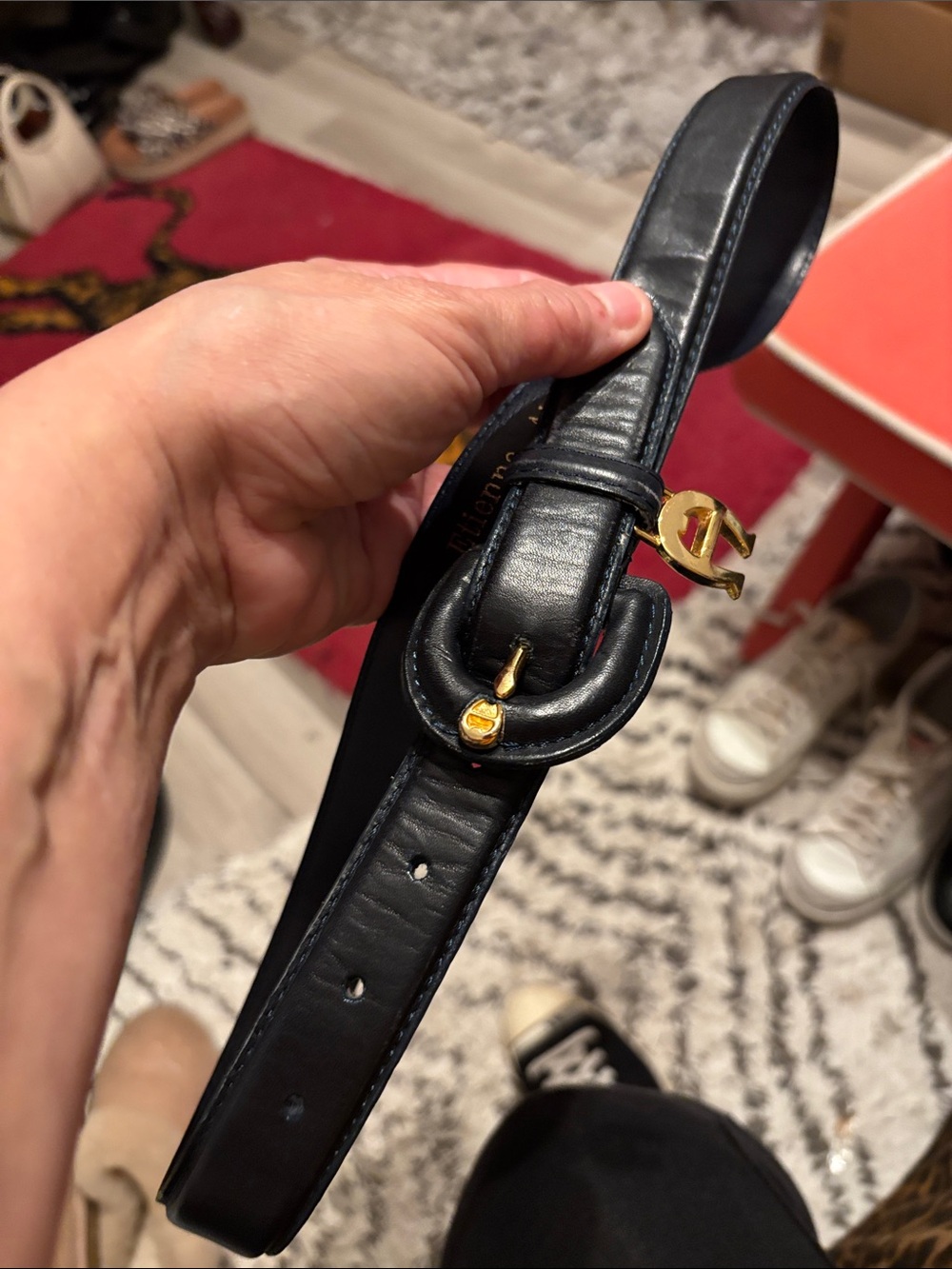 Etienne Aigner Black Leather Belt with Gold-Tone Signature Buckle size medium